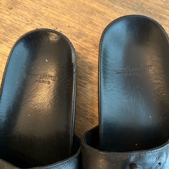 YSL Saint Laurent Joan Logo Slides Sandals Black Leather Sz 37.5 FAIR - Picture 13 of 14